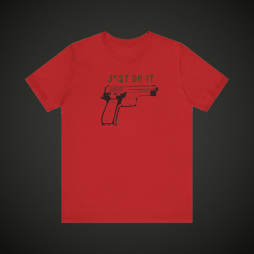 Just Do It 9mm t-shirt on dark asphalt