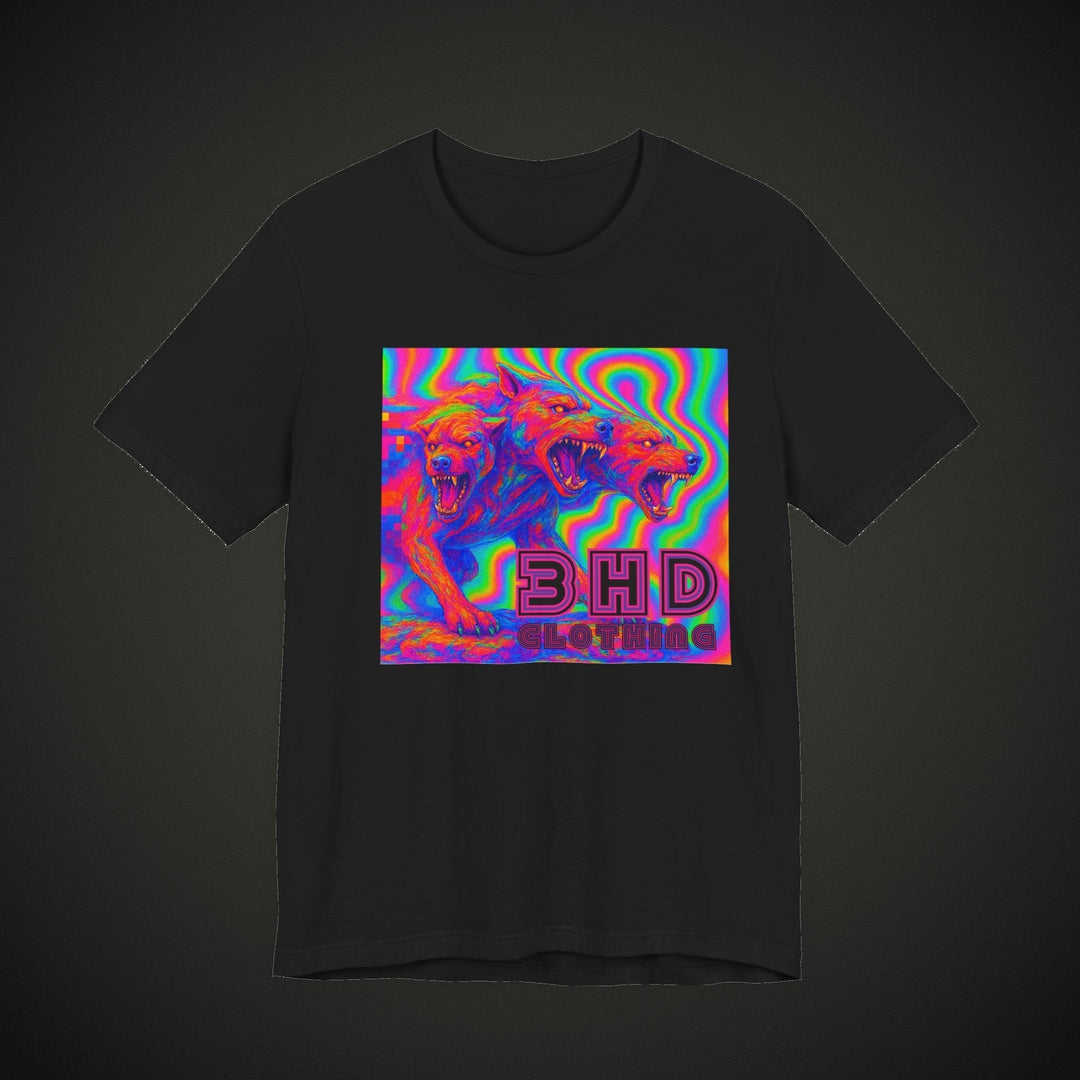 Pixel Dogg black tee on dark asphalt